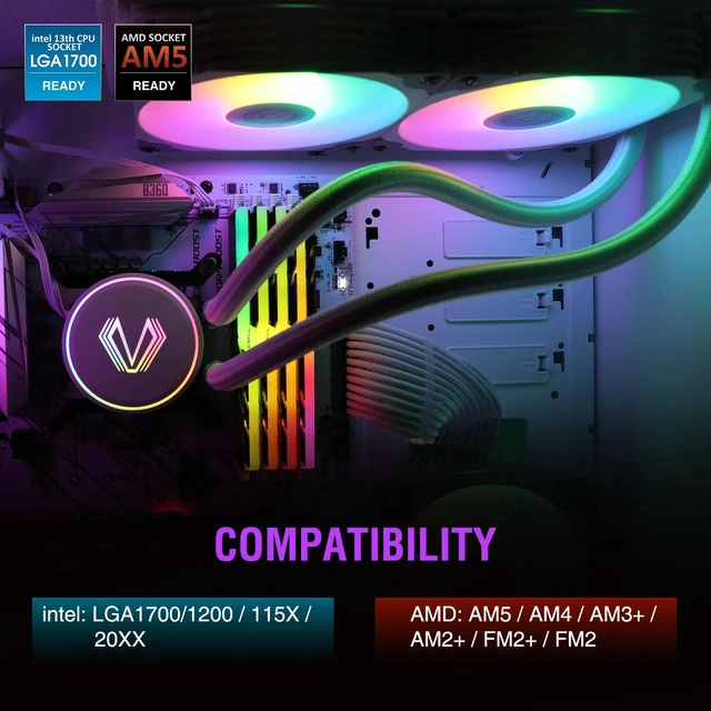 Alt view image 2 of 14 - Vetroo V240 White Liquid CPU Cooler 240mm Addressable RGB & PWM Pump & Fans 250W TDP AIO Water Cooler w/Controller Hub for Intel LGA 1700/1200/115X AMD AM5/AM4