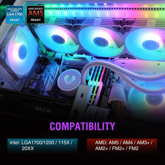 Alt view image 2 of 7 - Vetroo V360 White Liquid CPU Cooler, 3X 120mm Addressable RGB & PWM Fans/Pump, 360mm Radiator 290W TDP AIO Water Cooler w/Controller Hub for Intel LGA 1700/1200/115X AMD AM5/AM4