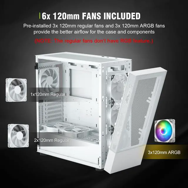 Alt view image 3 of 14 - Vetroo AL600 White Mid-Tower ATX PC Case, 3x 120mm ARGB Fans, 3x 120mm Regular Fans Pre-installed, Top 360mm Radiator Support Mesh Computer Gaming Case, Controller Hub Included