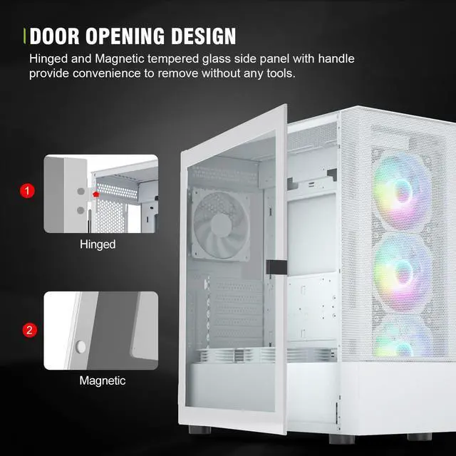 Alt view image 4 of 14 - Vetroo AL600 White Mid-Tower ATX PC Case, 3x 120mm ARGB Fans, 3x 120mm Regular Fans Pre-installed, Top 360mm Radiator Support Mesh Computer Gaming Case, Controller Hub Included