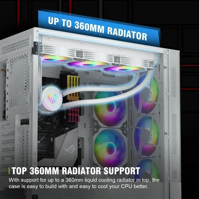 Alt view image 7 of 14 - Vetroo AL600 White Mid-Tower ATX PC Case, 3x 120mm ARGB Fans, 3x 120mm Regular Fans Pre-installed, Top 360mm Radiator Support Mesh Computer Gaming Case, Controller Hub Included