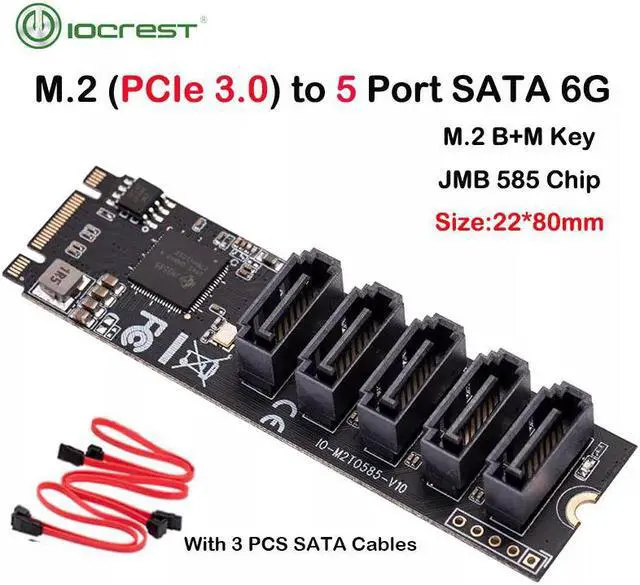 Alt view image 3 of 7 - IO CREST Internal 5 Port Non-RAID SATA III 6GB/s M.2 B+M Key Adapter Card for Desktop PC Support SSD and HDD. JMB585 Chipset