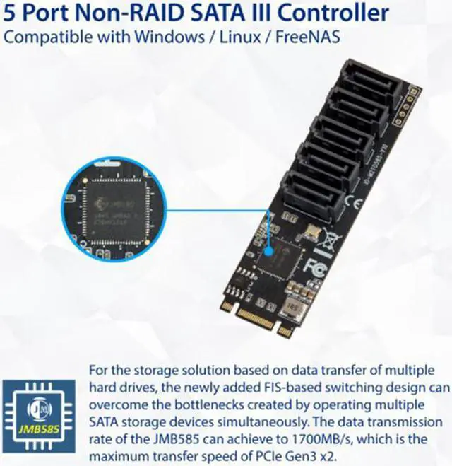Alt view image 4 of 7 - IO CREST Internal 5 Port Non-RAID SATA III 6GB/s M.2 B+M Key Adapter Card for Desktop PC Support SSD and HDD. JMB585 Chipset