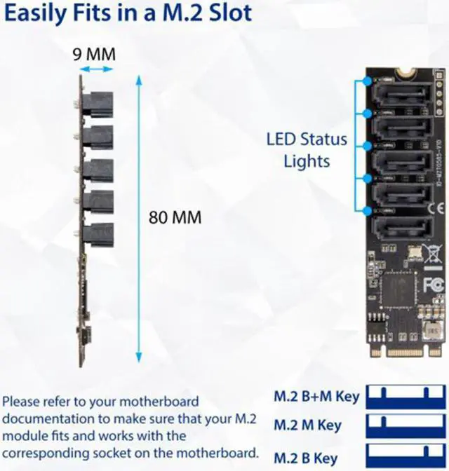 Alt view image 5 of 7 - IO CREST Internal 5 Port Non-RAID SATA III 6GB/s M.2 B+M Key Adapter Card for Desktop PC Support SSD and HDD. JMB585 Chipset