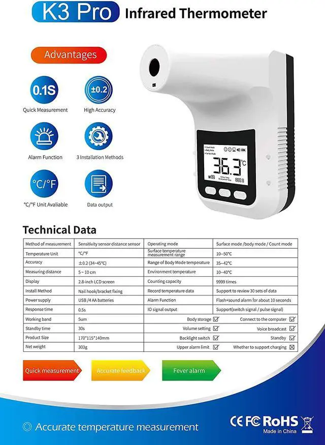 Alt view image 4 of 7 - Wall Mounted Non-Contact Infrared Temperature Measurement K3 Pro Forehead Thermometer with Fever Alarm. Hands Free Non Contact - Reopen Safely Office Home Supermarket School Community Entrance