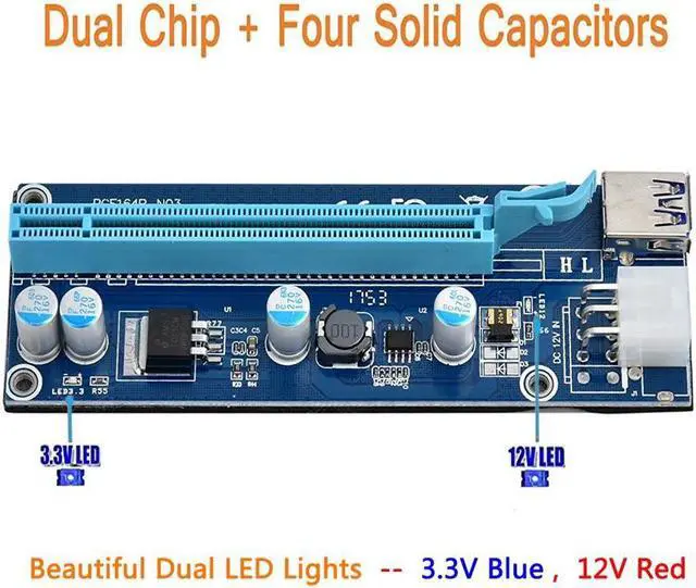 Alt view image 6 of 7 - 6-Pack VER 009S PCIe USB RISER 6-Pin PCI-E 16x to 1x Powered Riser Adapter Card w/ 60cm USB 3.0 Extension Cable & 6-Pin PCI-E to SATA Power Cable - GPU Riser Adapter - Ethereum Mining ETH -Led light