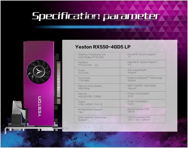 Alt view image 6 of 7 - Yeston AMD Radeon RX 550 Graphics Card(FAST SHIPPING within 7-9 DAYS), 4GB 128-Bit GDDR5 PCI Express 3.0 x 8, VGA/HDMI/DVI-D Tri-ports, DirectX 12, OpenGL 4.5, Low Profile GPU, Desktop Video Card