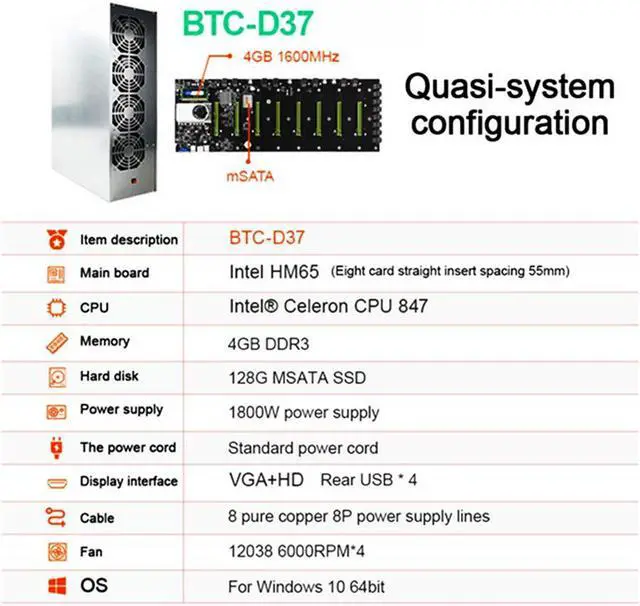Alt view image 4 of 6 - GPU Miner Mining rig Machine System for Mining ETH Ethereum,8 GPU Miner Including 55mm Slots Distance Motherboard, CPU, SSD, RAM,PSU, Case with 4 Cooling Fans(Without GPU)