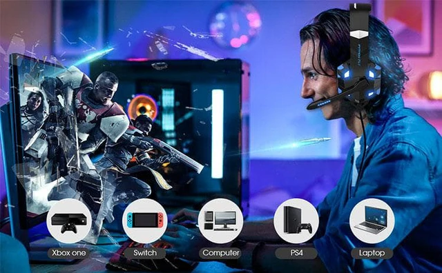 Alt view image 6 of 7 - SUIUBUY Gaming Headset 7.1 Bass Surround Sound with Noise Cancellation Microphone for PS5 PS4 Xbox Controller Mobile Phone PC Blue