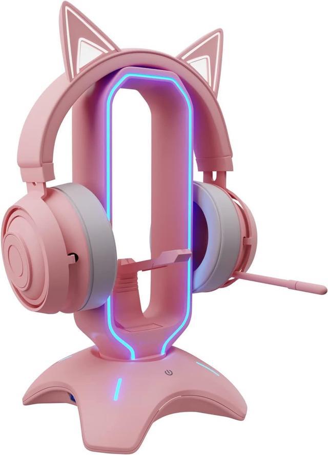 SUIUBUY RGB Gaming Headset Stand - 3 in 1 Pink Headphone Stand with Mouse  Bungee and 2 Port USB Hub Charger - RGB Headphone Holder for Desk Pink 