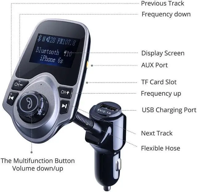 Alt view image 7 of 7 - Wireless Radio Adapter Hands-Free Car Wireless Bluetooth FM Transmitter& USB Car Charger 1.44 Inch Supports Display Car Battery Voltage, Song Names, Incoming Phone Number