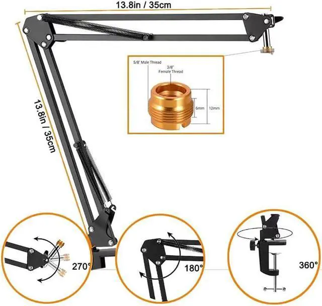 Alt view image 2 of 6 - Boom Arm - Heavy Duty Adjustable Suspension Microphone Mic Stand Compatible With Hyperx Quadcast S Usb Condenser Gaming Microphone