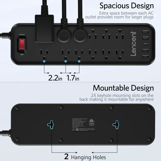 Alt view image 5 of 7 - Power Strip, LENCENT Surge Protector with 12 Outlets & 5 USB Ports(4 USB-A & 1 USB-C), 6Ft Extension Cord (1875W/15A,3600J), Overload Protection, Mountable Flat Plug Power Bar Heavy Duty- ETL Listed