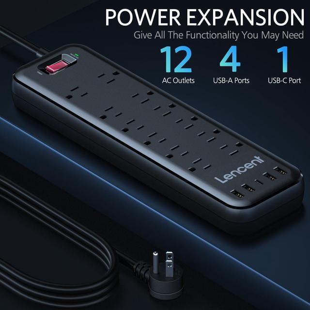 LENCENT Extension Lead with USB C Port, 3250W 13A, 6 Way Outlets Power  Strip with 1