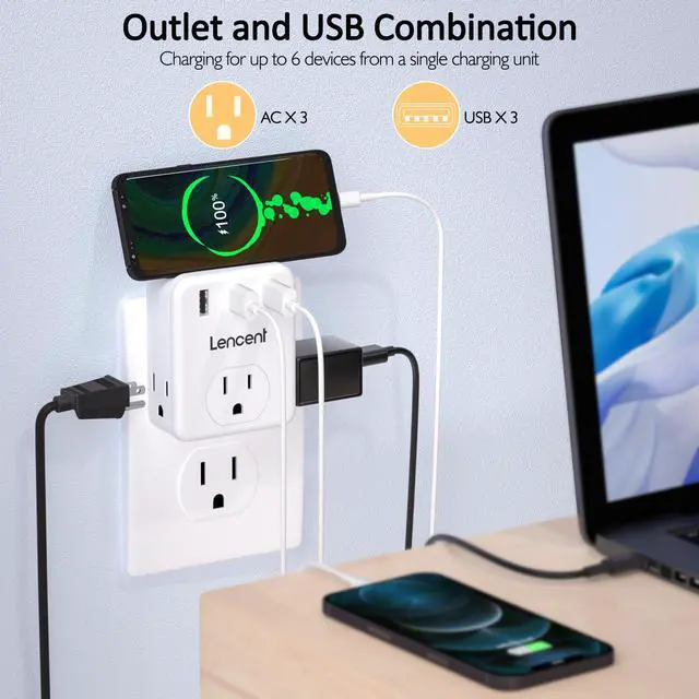 Alt view image 2 of 7 - Multi Plug Outlet Extender, LENCENT 3 Outlets Splitter with 3 USB Ports, Wall Charger, 3 Prong Plug, Power Charging Box Expander for Home, Office, Hotel, Dorm, Cruise Ship Approved- White
