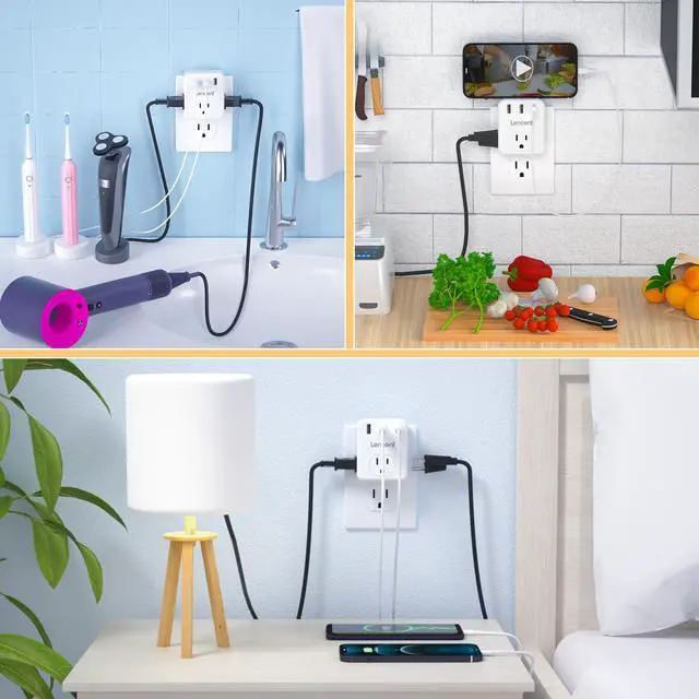 Alt view image 7 of 7 - Multi Plug Outlet Extender, LENCENT 3 Outlets Splitter with 3 USB Ports, Wall Charger, 3 Prong Plug, Power Charging Box Expander for Home, Office, Hotel, Dorm, Cruise Ship Approved- White