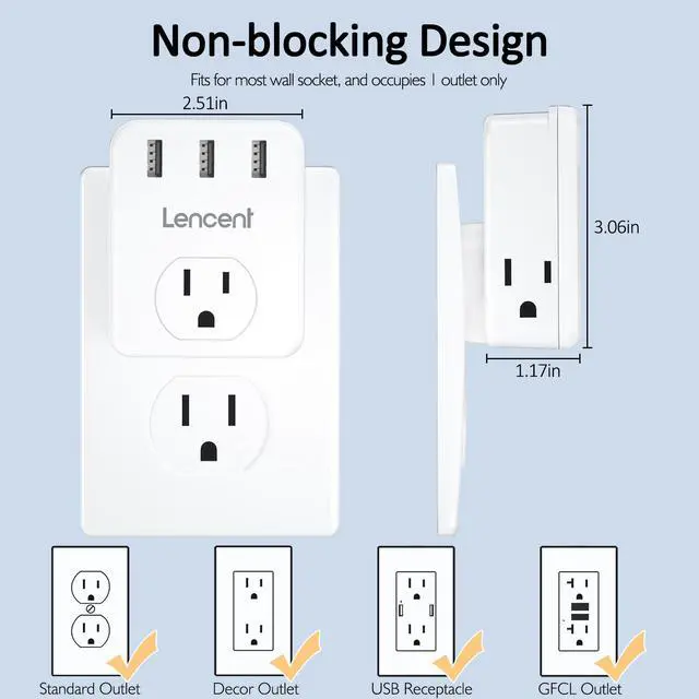 Alt view image 3 of 7 - Multi Plug Outlet Extender, LENCENT 3 Outlets Splitter with 3 USB Ports, Wall Charger, 3 Prong Plug, Power Charging Box Expander for Home, Office, Hotel, Dorm, Cruise Ship Approved- White