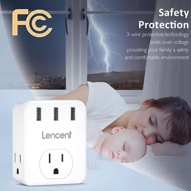 Alt view image 4 of 7 - Multi Plug Outlet Extender, LENCENT 3 Outlets Splitter with 3 USB Ports, Wall Charger, 3 Prong Plug, Power Charging Box Expander for Home, Office, Hotel, Dorm, Cruise Ship Approved- White