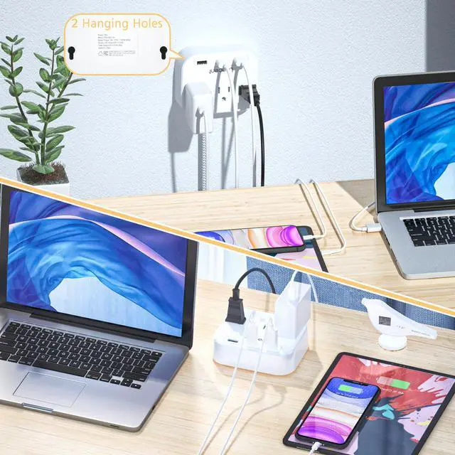 Alt view image 7 of 7 - Power Strip with USB, 3 Outlet 3 USB Charging Ports (17W/ 3.4A), Flat Plug with 6.6ft Braided Extension Cord, Desktop & Wall Mountable, Compact for Cruise Ship, Travel, Home, Office