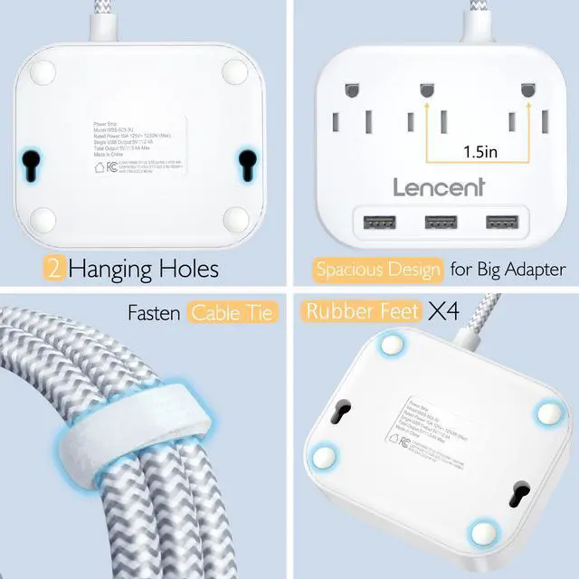 Alt view image 5 of 7 - Power Strip with USB, 3 Outlet 3 USB Charging Ports (17W/ 3.4A), Flat Plug with 6.6ft Braided Extension Cord, Desktop & Wall Mountable, Compact for Cruise Ship, Travel, Home, Office