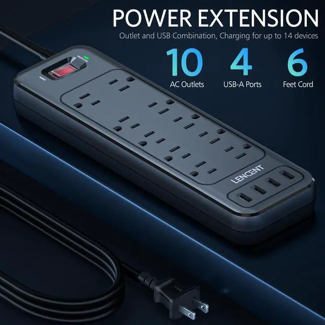 Alt view image 2 of 7 - LENCENT 2 Prong Power Strip, Polarized 3 Prong to 2 Prong Outlet Adapter, 1700J Surge Protector, 6ft Extension Cord, 10 AC Outlets & 4 USB(5V 3.4A Max), Wall Mountable, Ideal for Non-Grounded Outlets