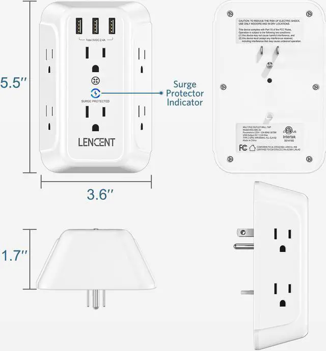 Alt view image 7 of 7 - USB Wall Charger, Surge Protector 6 Outlet Extender with 3 USB Ports, 1728J Power Strip Multi Plug,3-Sided Widely Spaced Adapter Multiple Expander,Mountable Wall tap for Home Travel Office, ETL Listed
