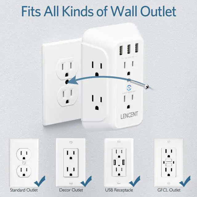 Alt view image 5 of 7 - USB Wall Charger, Surge Protector 6 Outlet Extender with 3 USB Ports, 1728J Power Strip Multi Plug,3-Sided Widely Spaced Adapter Multiple Expander,Mountable Wall tap for Home Travel Office, ETL Listed