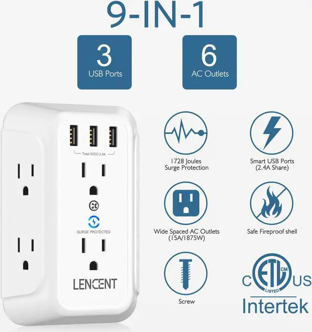 Alt view image 2 of 7 - USB Wall Charger, Surge Protector 6 Outlet Extender with 3 USB Ports, 1728J Power Strip Multi Plug,3-Sided Widely Spaced Adapter Multiple Expander,Mountable Wall tap for Home Travel Office, ETL Listed