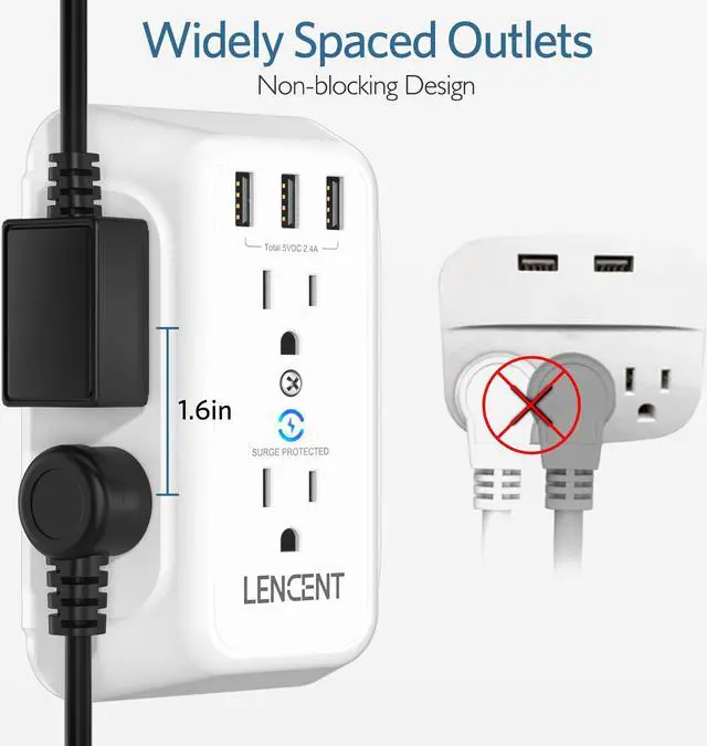 Alt view image 3 of 7 - USB Wall Charger, Surge Protector 6 Outlet Extender with 3 USB Ports, 1728J Power Strip Multi Plug,3-Sided Widely Spaced Adapter Multiple Expander,Mountable Wall tap for Home Travel Office, ETL Listed