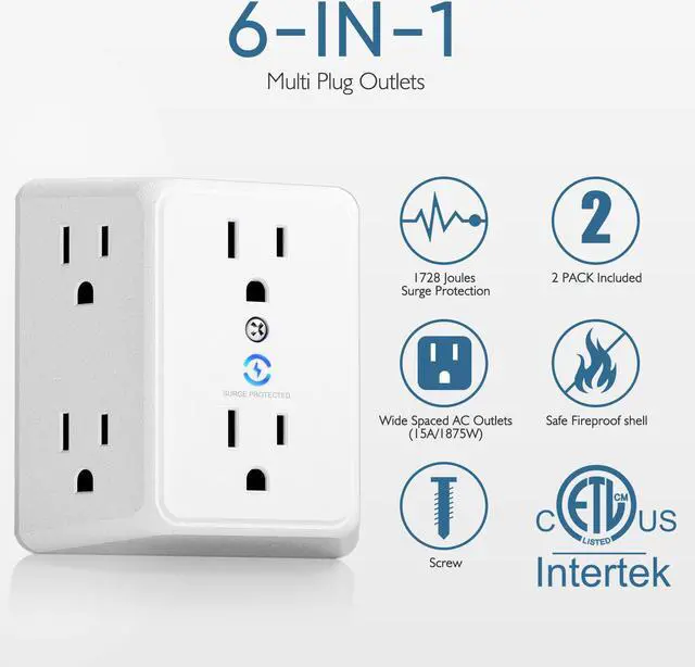Alt view image 2 of 7 - LENCENT Multi Plug 6 Outlet Extender, 2 Pack Surge Protector Wall tap, Power Strip 3-Side Widely Spaced Adapter Multiple Charger Expander, Mountable Wall Splitter for Home Travel Office, ETL Listed