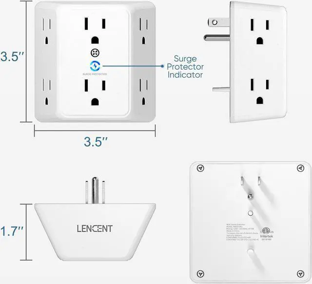 Alt view image 6 of 7 - LENCENT Multi Plug 6 Outlet Extender, 2 Pack Surge Protector Wall tap, Power Strip 3-Side Widely Spaced Adapter Multiple Charger Expander, Mountable Wall Splitter for Home Travel Office, ETL Listed