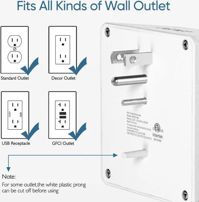 Alt view image 5 of 7 - LENCENT Multi Plug 6 Outlet Extender, 2 Pack Surge Protector Wall tap, Power Strip 3-Side Widely Spaced Adapter Multiple Charger Expander, Mountable Wall Splitter for Home Travel Office, ETL Listed