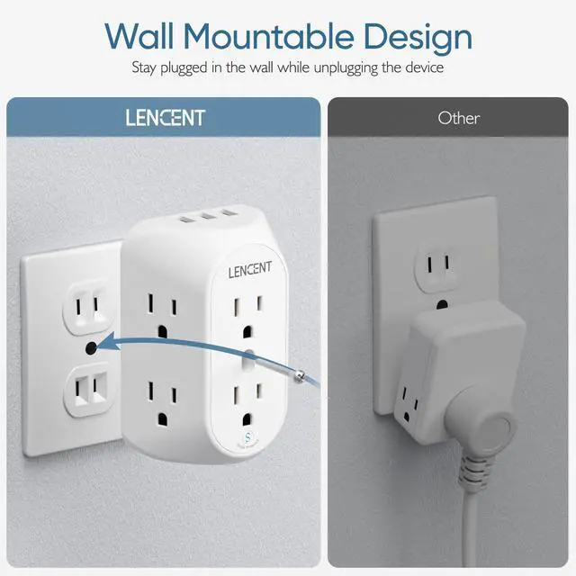 Alt view image 5 of 7 - LENCENT 2 Prong Power Strip, 3 to 2 Prong Grounding Outlet Adapter 6 Outlet 1 Type C&2 USB 3.4A, Polarized Plug, 1728J Surge Protector, 3-Sided Wide Spaced Extender,Wall Mount for Non-Grounded Outlet