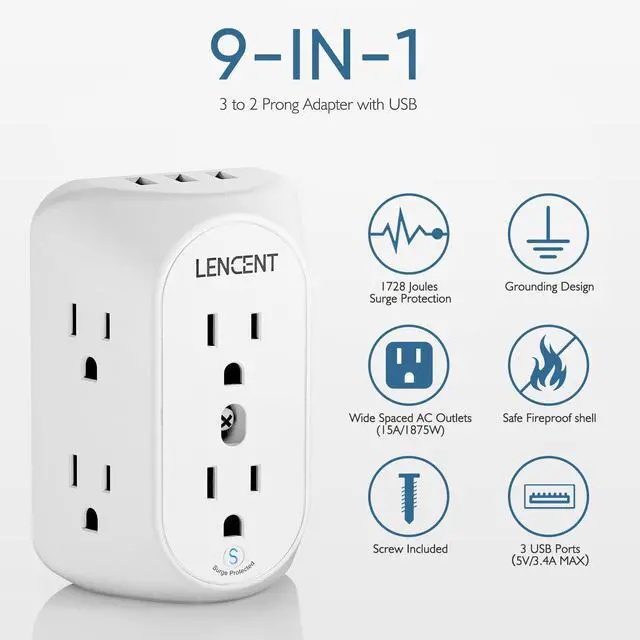 Alt view image 2 of 7 - LENCENT 2 Prong Power Strip, 3 to 2 Prong Grounding Outlet Adapter 6 Outlet 1 Type C&2 USB 3.4A, Polarized Plug, 1728J Surge Protector, 3-Sided Wide Spaced Extender,Wall Mount for Non-Grounded Outlet