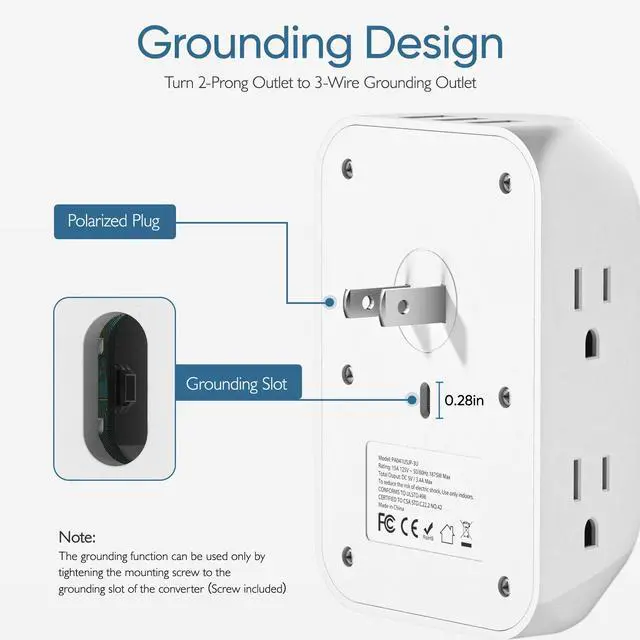 Alt view image 4 of 7 - LENCENT 2 Prong Power Strip, 3 to 2 Prong Grounding Outlet Adapter 6 Outlet 1 Type C&2 USB 3.4A, Polarized Plug, 1728J Surge Protector, 3-Sided Wide Spaced Extender,Wall Mount for Non-Grounded Outlet