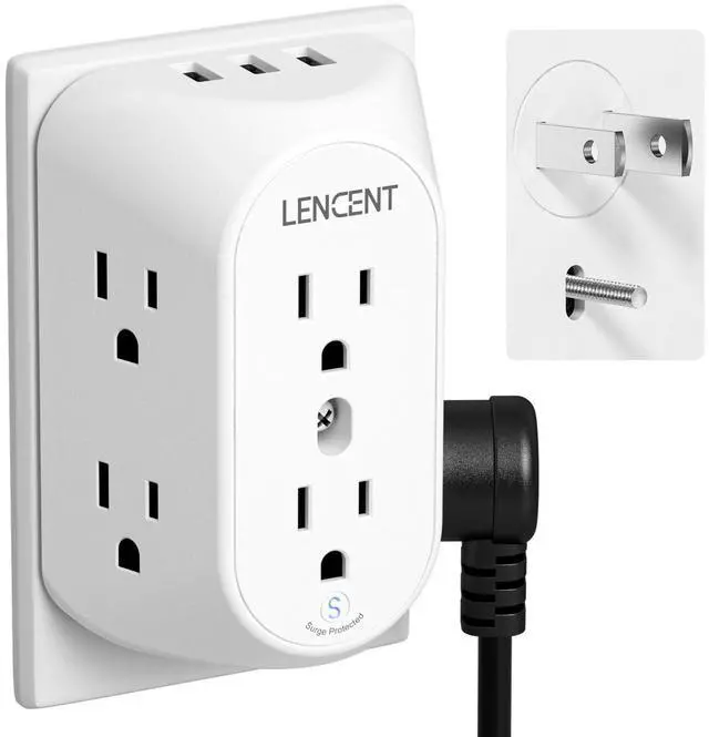 Main image of LENCENT 2 Prong Power Strip, 3 to 2 Prong Grounding Outlet Adapter 6 Outlet 1 Type C&2 USB 3.4A, Polarized Plug, 1728J Surge Protector, 3-Sided Wide Spaced Extender,Wall Mount for Non-Grounded Outlet