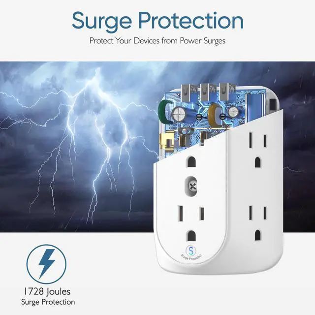 Alt view image 6 of 7 - LENCENT 2 Prong Power Strip, 3 to 2 Prong Grounding Outlet Adapter 6 Outlet 1 Type C&2 USB 3.4A, Polarized Plug, 1728J Surge Protector, 3-Sided Wide Spaced Extender,Wall Mount for Non-Grounded Outlet