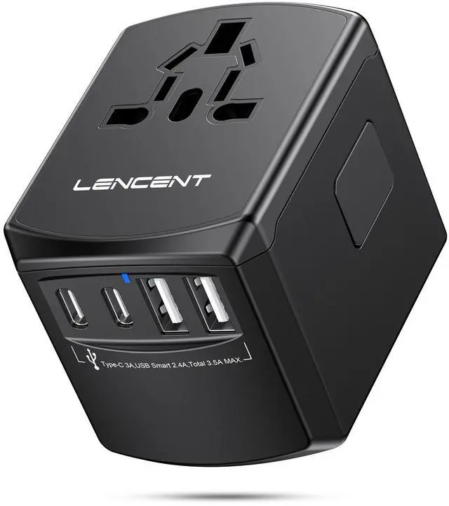 Main image of LENCENT Universal Travel Power Adapter, International AC Plug Adaptor with 2 USB C 2 USB A Ports Wall Charger Worldwide Travel Essentials for US to EU UK Ireland Australia (Type C/G/A/I) Black