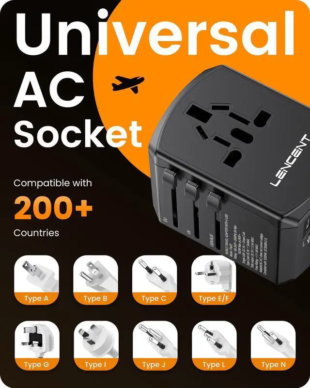 Alt view image 7 of 7 - LENCENT Universal Travel Power Adapter, International AC Plug Adaptor with 2 USB C 2 USB A Ports Wall Charger Worldwide Travel Essentials for US to EU UK Ireland Australia (Type C/G/A/I) Black