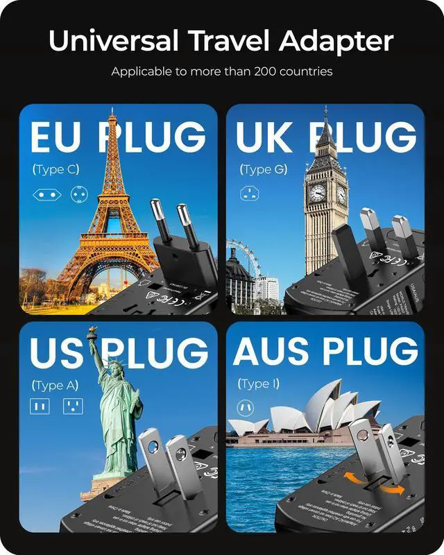 Alt view image 2 of 7 - LENCENT Universal Travel Power Adapter, International AC Plug Adaptor with 2 USB C 2 USB A Ports Wall Charger Worldwide Travel Essentials for US to EU UK Ireland Australia (Type C/G/A/I) Black
