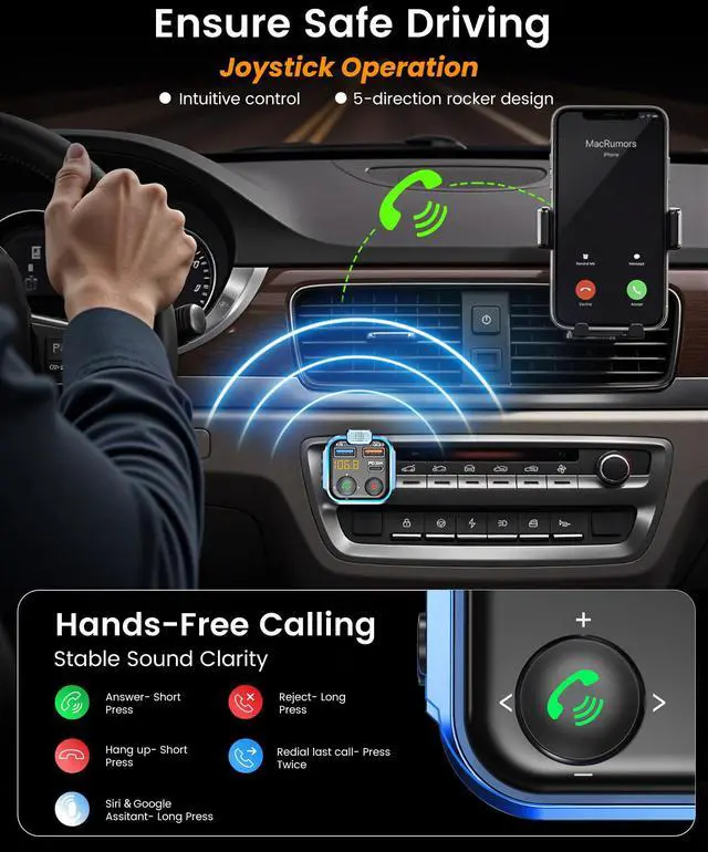 Alt view image 2 of 7 - LENCENT FM Transmitter in-Car Adapter, Type-C PD 20W+ QC3.0 Fast USB Charger, Wireless Bluetooth 5.3 Radio Car Kit, Hands-Free Calling, MP3 Player Receiver Hi Fi Bass, Support U Disk