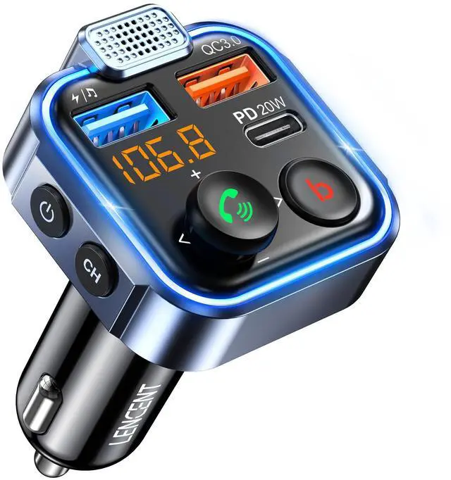 Main image of LENCENT FM Transmitter in-Car Adapter, Type-C PD 20W+ QC3.0 Fast USB Charger, Wireless Bluetooth 5.3 Radio Car Kit, Hands-Free Calling, MP3 Player Receiver Hi Fi Bass, Support U Disk