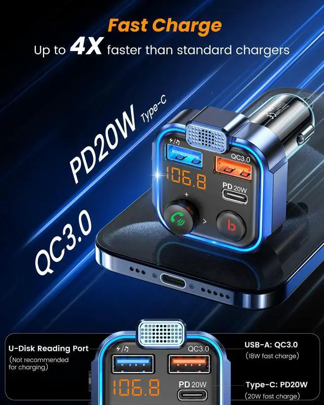Alt view image 5 of 7 - LENCENT FM Transmitter in-Car Adapter, Type-C PD 20W+ QC3.0 Fast USB Charger, Wireless Bluetooth 5.3 Radio Car Kit, Hands-Free Calling, MP3 Player Receiver Hi Fi Bass, Support U Disk