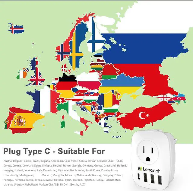 Alt view image 4 of 7 - European Plug Adapter, LENCENT International Travel Power Plug with 2 AC Outlets&3 USB Ports &1 USB C, US to Most of Europe EU Italy Spain France Iceland Germany Greece Israel(Type C)