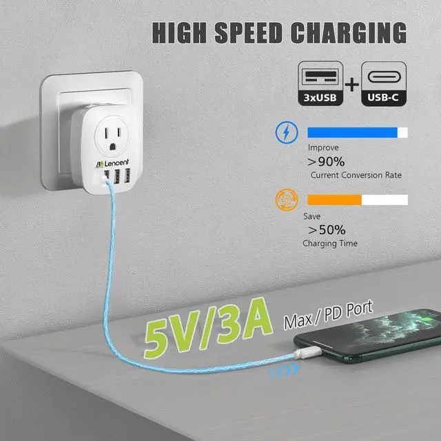 Alt view image 3 of 7 - European Plug Adapter, LENCENT International Travel Power Plug with 2 AC Outlets&3 USB Ports &1 USB C, US to Most of Europe EU Italy Spain France Iceland Germany Greece Israel(Type C)
