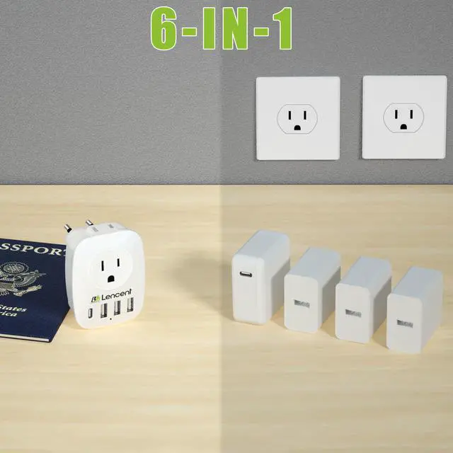 Alt view image 2 of 7 - European Plug Adapter, LENCENT International Travel Power Plug with 2 AC Outlets&3 USB Ports &1 USB C, US to Most of Europe EU Italy Spain France Iceland Germany Greece Israel(Type C)