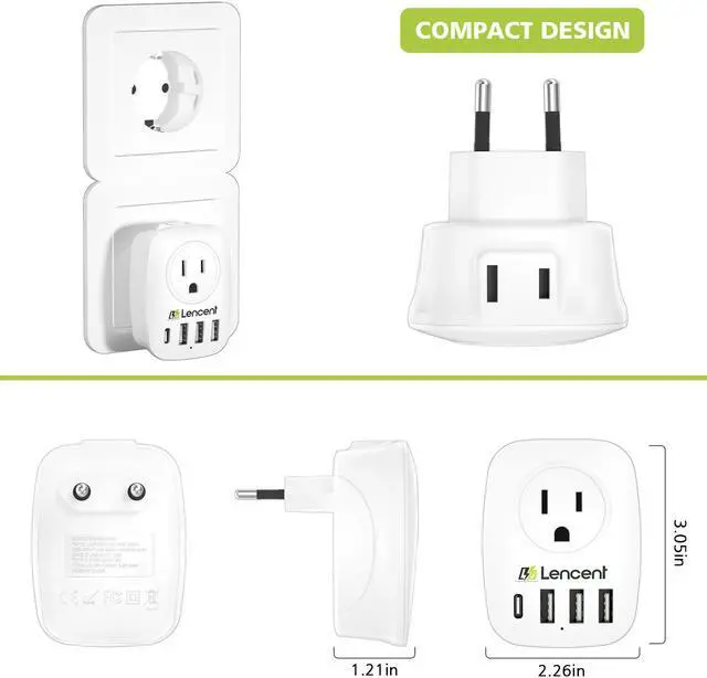 Alt view image 7 of 7 - European Plug Adapter, LENCENT International Travel Power Plug with 2 AC Outlets&3 USB Ports &1 USB C, US to Most of Europe EU Italy Spain France Iceland Germany Greece Israel(Type C)