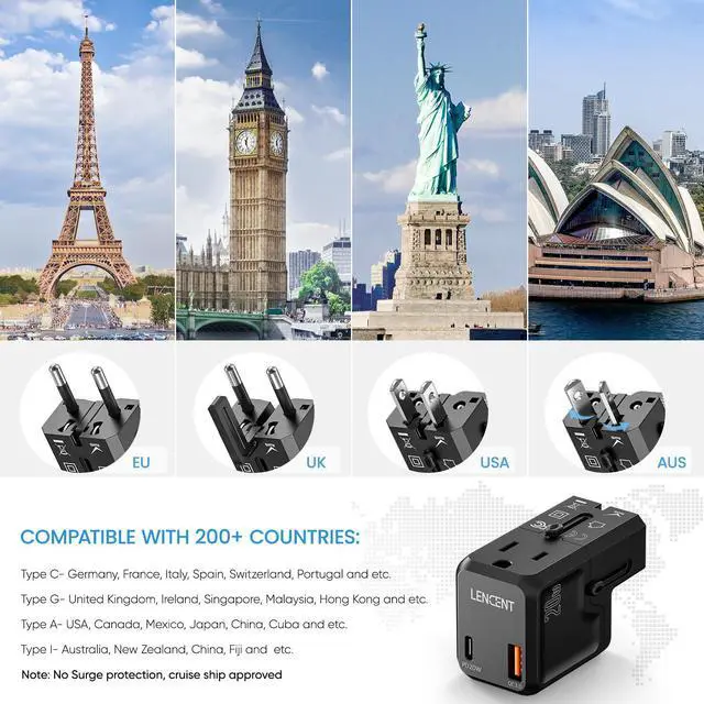 Alt view image 3 of 7 - International Travel Power Adapter, LENCENT Mini All-in-One Charger, PD 20W&QC 3.0 Type-C Wall Charger, European Plug Adaptor, Universal Outlet Converter, for US to UK, Japan, EU Europe, Type A/I/G/C