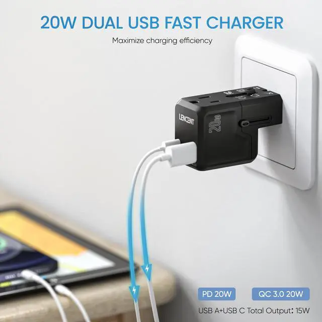 Alt view image 2 of 7 - International Travel Power Adapter, LENCENT Mini All-in-One Charger, PD 20W&QC 3.0 Type-C Wall Charger, European Plug Adaptor, Universal Outlet Converter, for US to UK, Japan, EU Europe, Type A/I/G/C