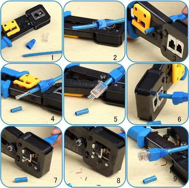 Alt view image 5 of 6 - RJ45 Crimp Tool Pass Through Cat5 Cat5e Cat6 Crimping Tool for RJ45/RJ12 Regular and End-Pass-Through Connectors with 50PCS CAT5 CAT5e Connectors, 50PCS Covers and Mini Wire Stripper